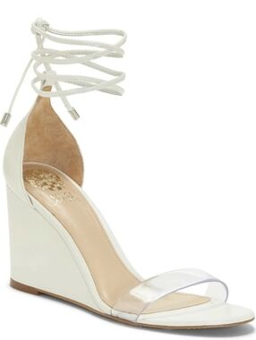 Vince Camuto Stassia Leather Ankle Wrap Tie Wedge Heel Sandal White / Clear